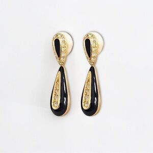 Dior Vintage 18k Gold Plated Black Enamel Crystal Teardrop Post Dangle Earrings